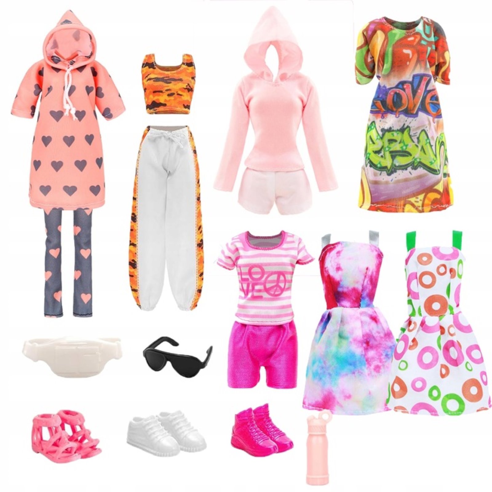 SUKIENKI UBRANKA DLA LALEK DRESY AKCESORIA BUTY OKULARY ZESTAW